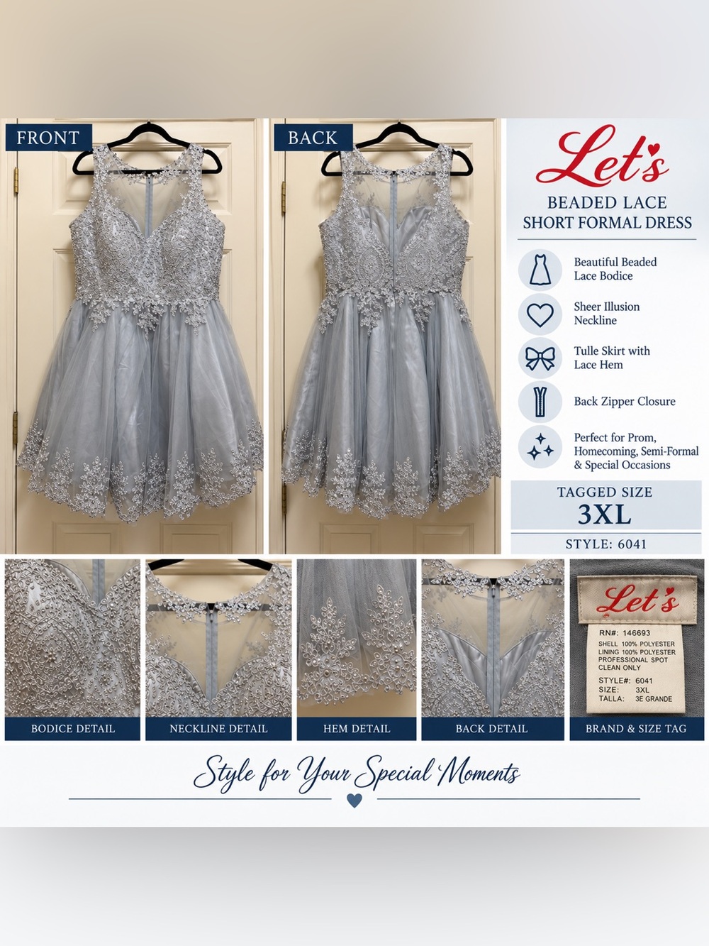 Let’s 3XL Silver Beaded Lace Tulle Prom Formal Dress Style 6041
